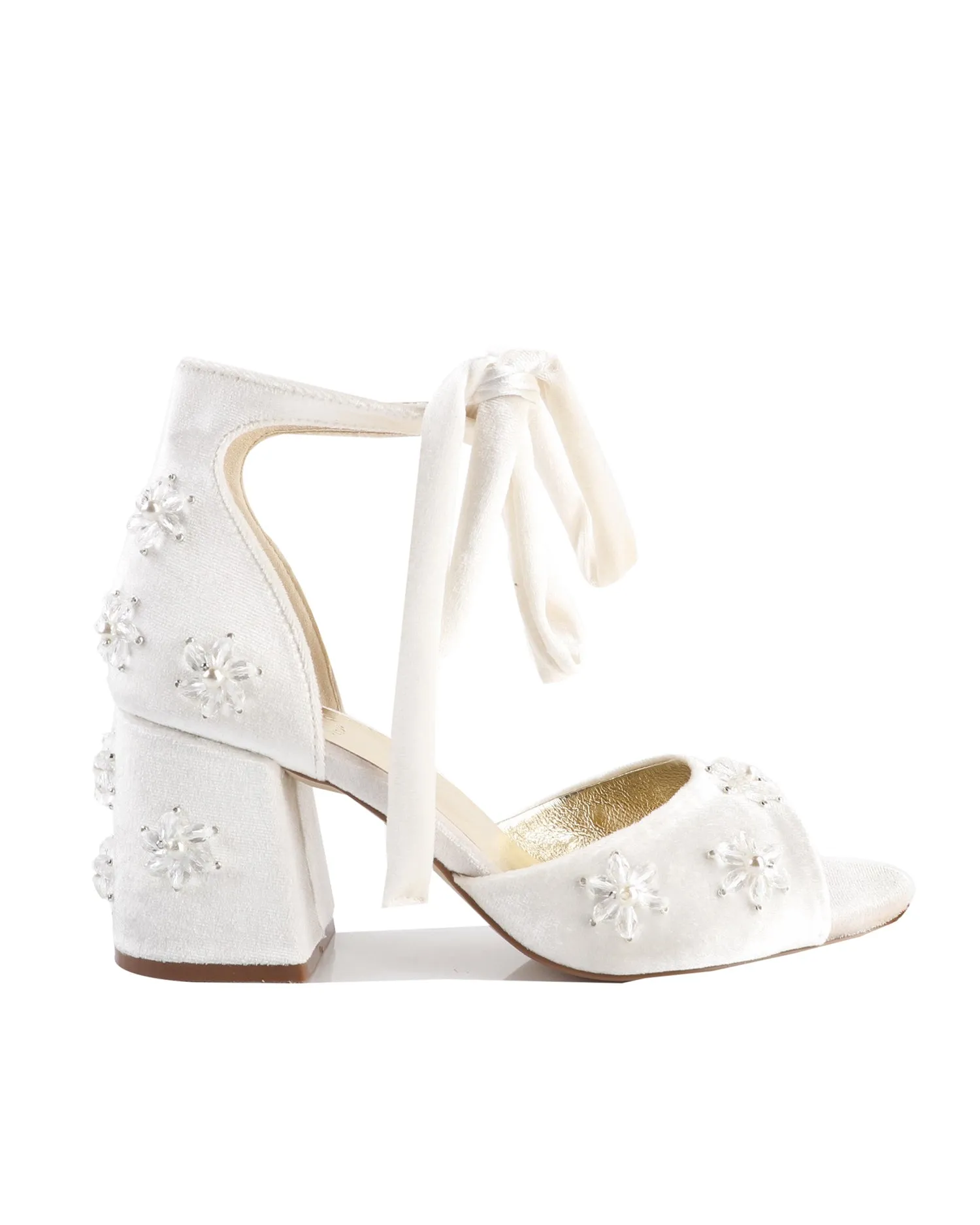 EMOTION - VELVET WEDDING HEELS WITH PEARL AND CRYSTAL FLOWERS