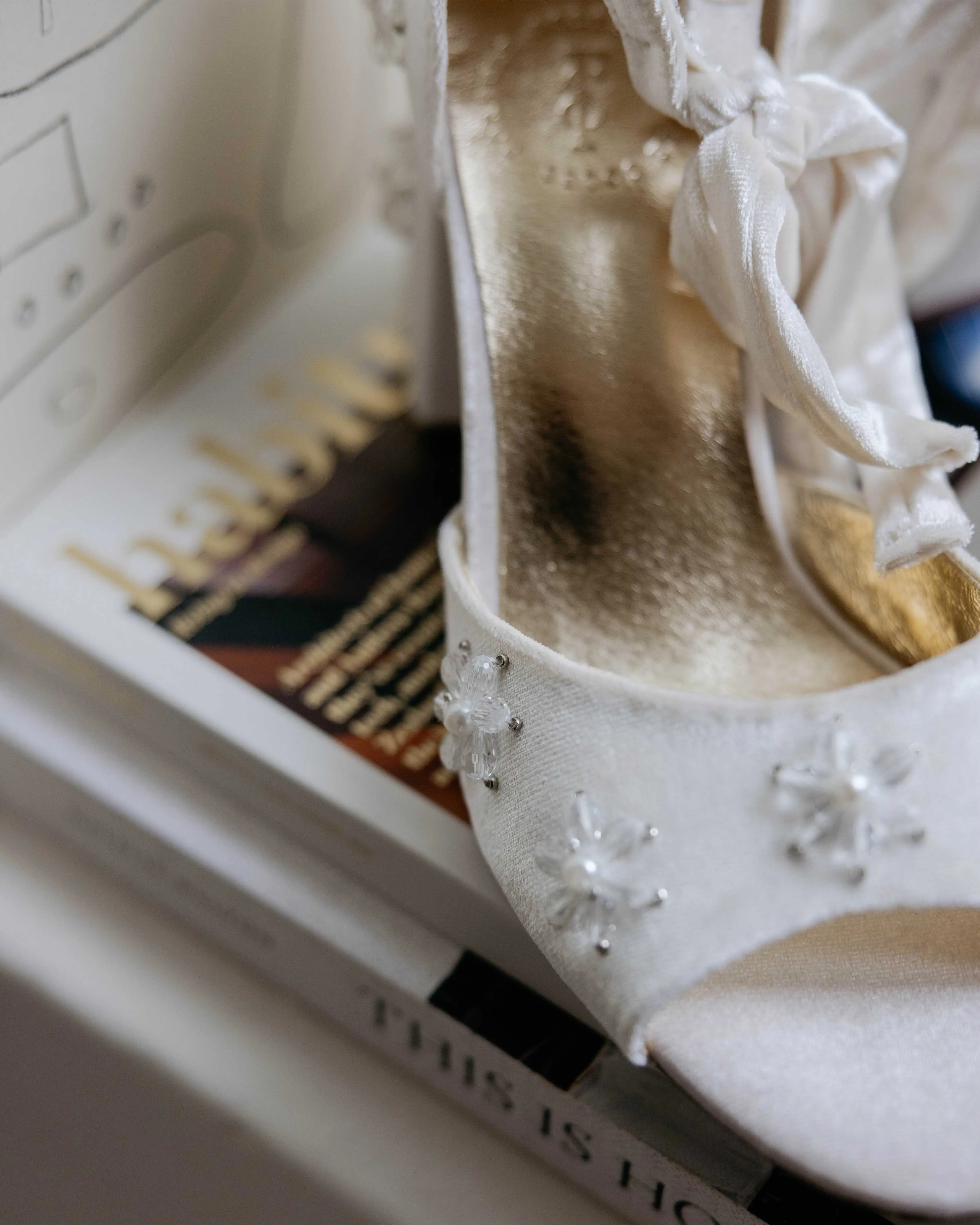 EMOTION - VELVET WEDDING HEELS WITH PEARL AND CRYSTAL FLOWERS