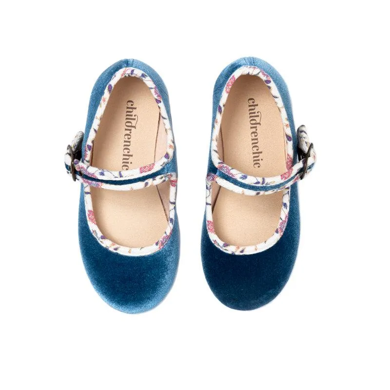 Floral Velvet Mary Janes in Blue