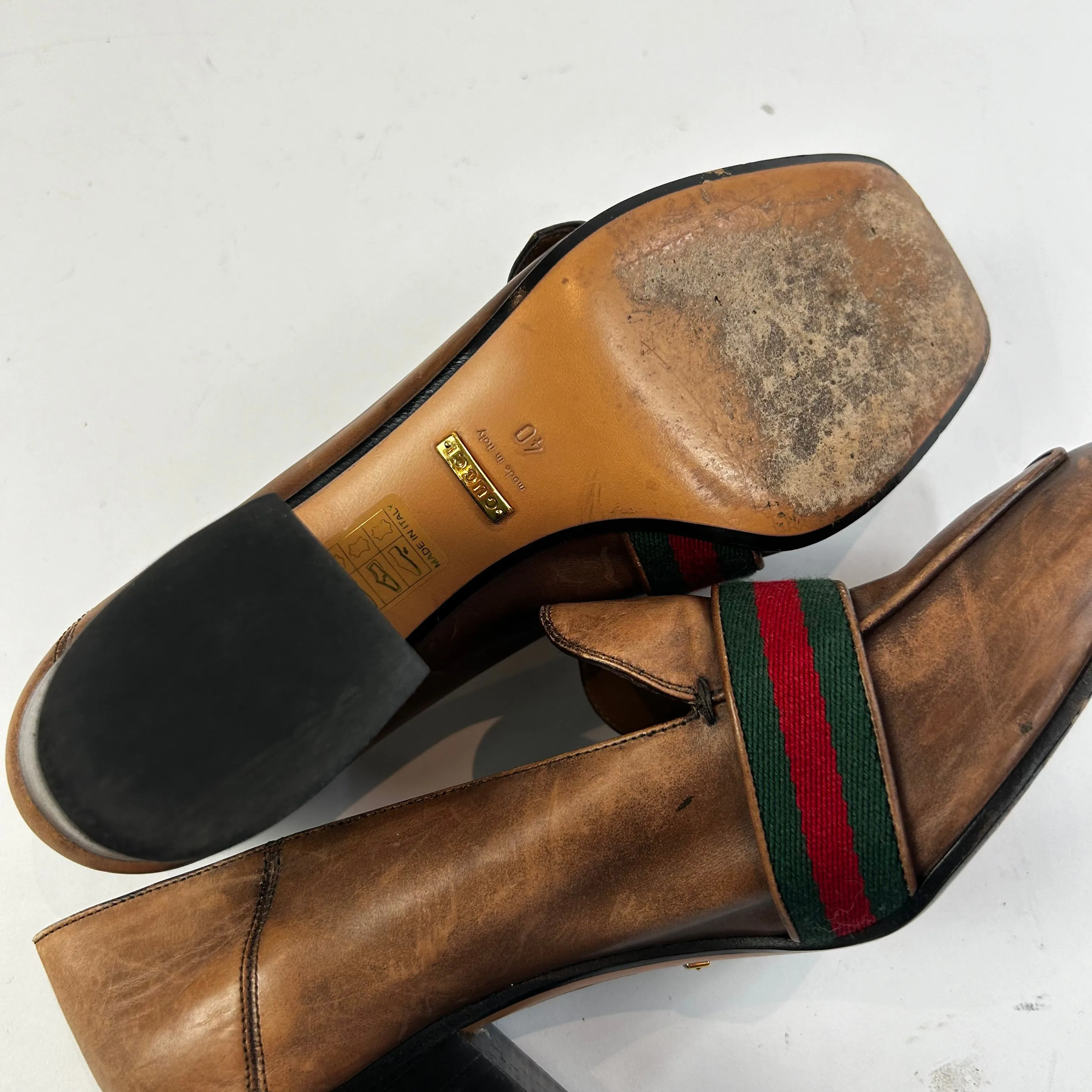 Gucci Tan Distressed Peyton GG Heel Loafers 40