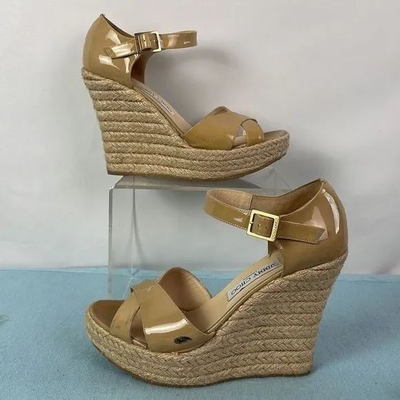 JimmyChoo Tan Patent Straw Wedges