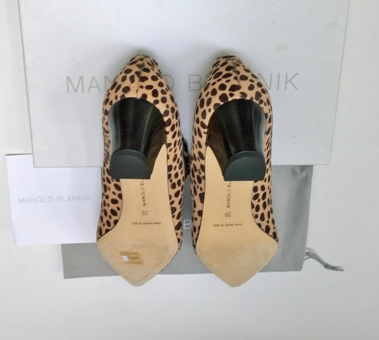 Manolo Blahnik Crezia Calf Hair Leopard Mary Jane Block Heels Campari