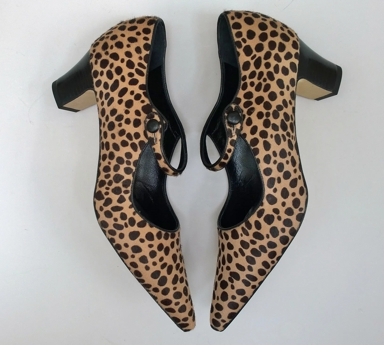 Manolo Blahnik Crezia Calf Hair Leopard Mary Jane Block Heels Campari