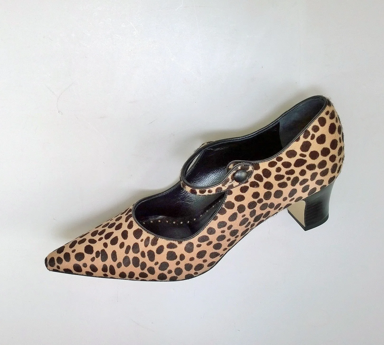 Manolo Blahnik Crezia Calf Hair Leopard Mary Jane Block Heels Campari