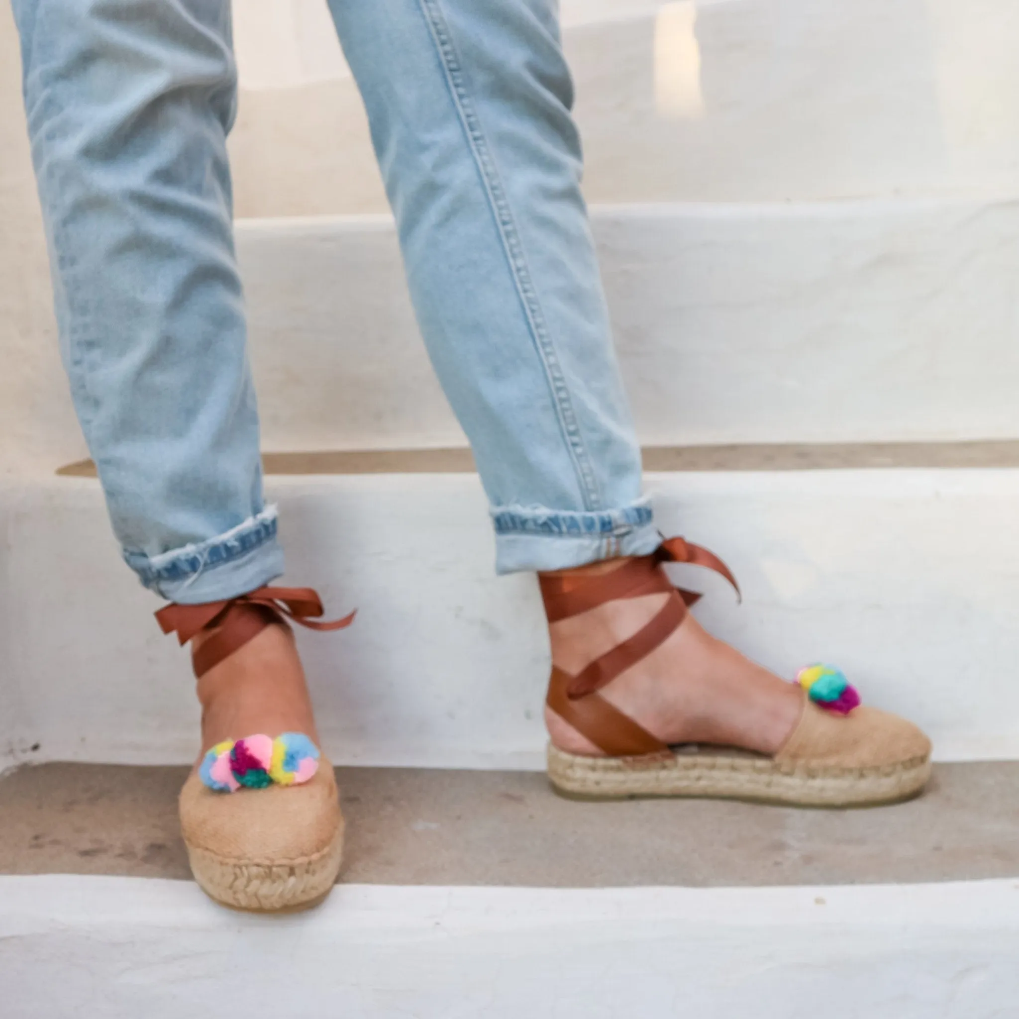 Pom Pom Raffia Espadrilles - Double Sole